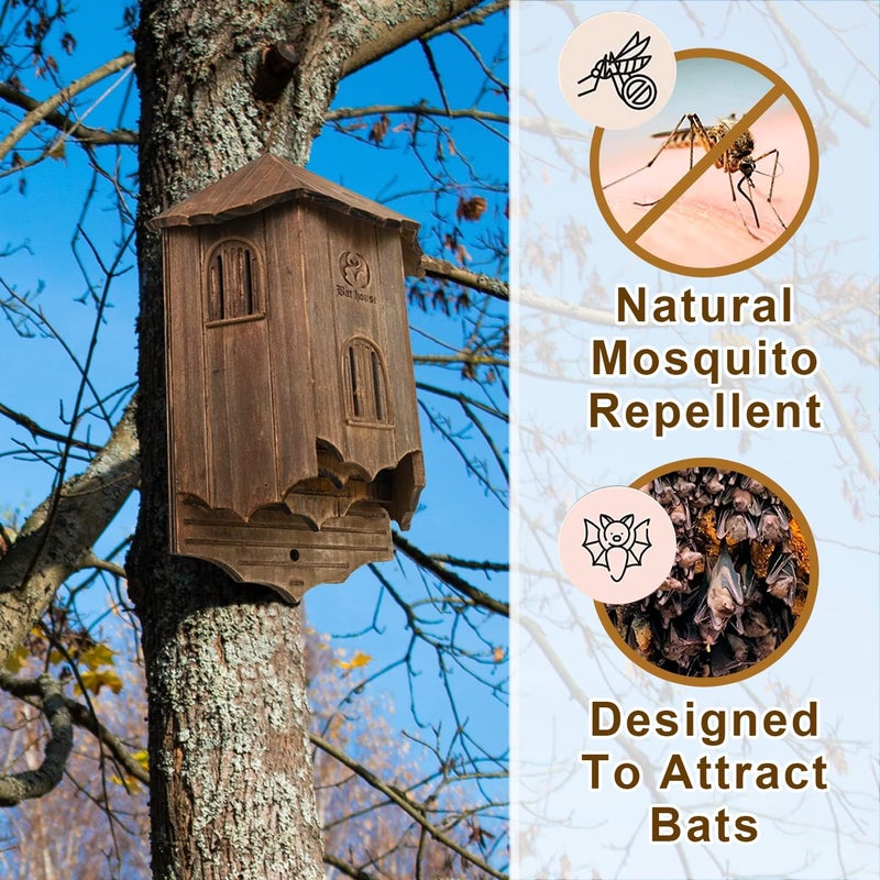 VIREESR Wooden Castle Bat Houses for Outdoors, Bat Boxes for Outside, Large Three Chamber Box Perfectly Designed to Attract Bats, Durable and Easy to Hang (Bat House Ⅰ Brown) - Image 2